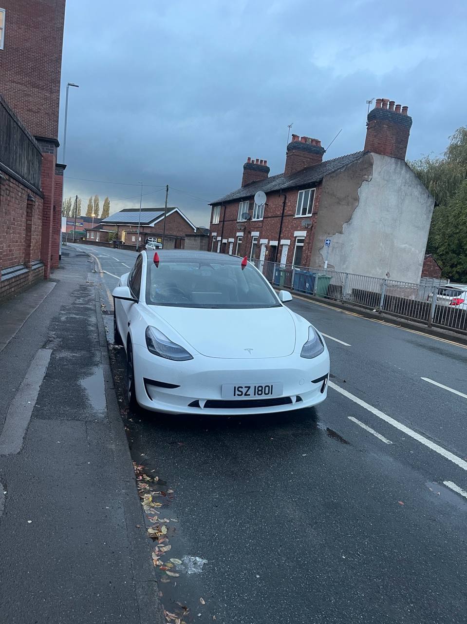 Tesla Model 3 parked with devil horns